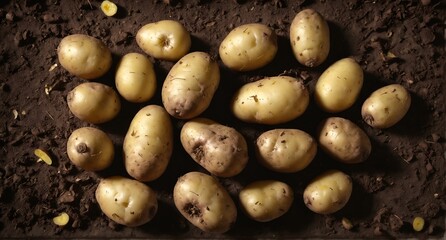 Wall Mural - Raw potatoes from field on ground background. Top view flat lay.