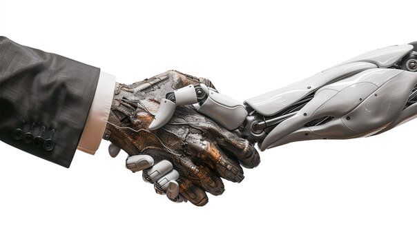 Cyber communication design . Robot and human holding hands with handshake on white background.
