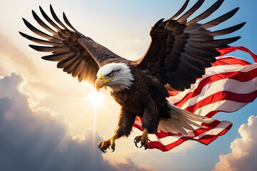 Celebrate Independence Day with the powerful image of an eagle soaring through the sky, proudly carrying the American flag, illuminated by the warm glow of sunlight.