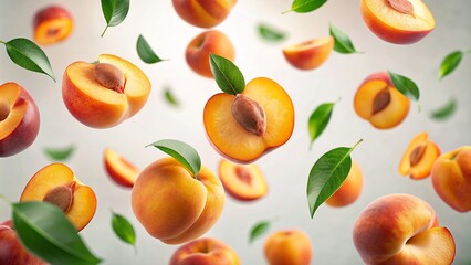 Wall Mural - Peaches, ripe and succulent, tumble gracefully amidst verdant leaves against a pristine white backdrop. Slices of peach dance in the air, their outlines softening into a mesmerizing blur.