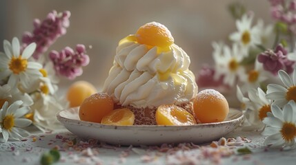 Sticker -  A close-up shot of a plate featuring juicy oranges and fluffy whipped cream, set against a vibrant flower background