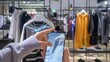 Smartphone photography showing the process of virtually trying on clothes using hologram projections, allowing users to try on and evaluate different models and styles without having to visit physical