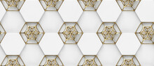 3D Hexagon Made Of White Painted Wood With Gold Grid Decor