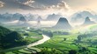 Mountains, spring, rice paddies, rainbow , countryside, blue sky, sunshine, mist, chinese countryside, romance,  illustration made with Generative Ai