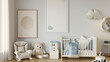 © RicardoLuiz - Modern Scandinavian-style child's room interior featuring a crib, rocking chair, teddy bear, and posters. Perfect for clean and minimalist nursery decor inspiration.