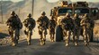 A group of soldiers in tactical gear walks down the road with weapons at the ready, followed by military equipment. Desert landscape.