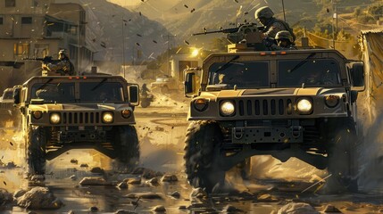 A military vehicle with soldiers on board drives down a city street in battle. A military humvee with two hooded figures sitting inside, in the desert.