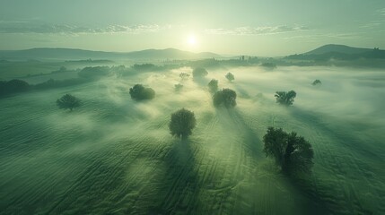 Wall Mural -  A foggy landscape featuring trees upfront and a distant sun in the photograph