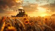 © Светлана Канунникова - Modern combine harvester working in a field at sunset. The car is captured from behind and has a green body with yellow details. In front of him stands an ear of wheat, under the sunlight