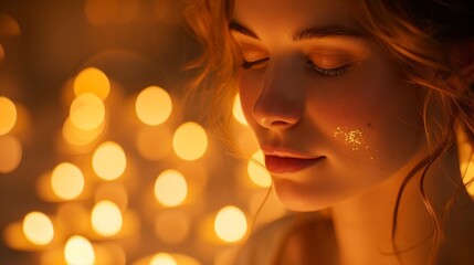 Wall Mural - A woman with a gold star on her face in front of lights, AI