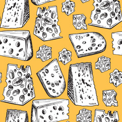 Wall Mural - Cheese hand drawn seamless pattern. Sketch engraving style