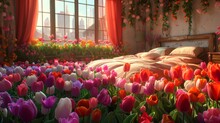   A Bed Sits In A Bedroom Beside A Window With Numerous Pink And Red Tulips