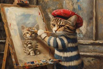 Cat, the artist,  in French beret is painting the cute little kitten.