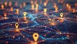 Fototapeta Londyn - A digital map featuring interconnected location pins, symbolizing global network connectivity and geographic information technology. Concept of global connections and geolocation maps for business.
