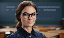 Portrait Of Young Female Teacher With Eyeglasses Against Chalkboard