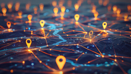 A digital map featuring interconnected location pins, symbolizing global network connectivity and geographic information technology. Concept of global connections and geolocation maps for business.