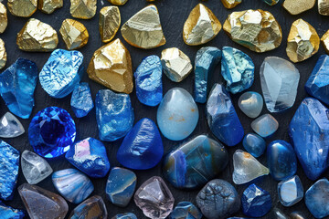  sparkling blue sapphire and golden textured glass gems