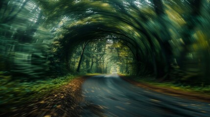 Sticker - A blurry picture of a road going through the woods, AI