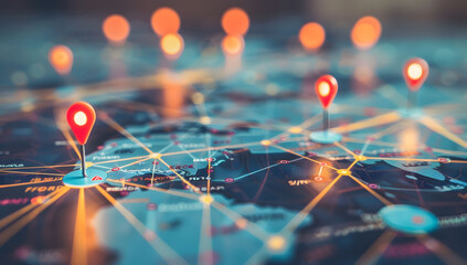 Wall Mural - A digital map featuring interconnected location pins, symbolizing global network connectivity and geographic information technology. Concept of global connections and geolocation maps for business.