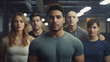 adult man with broad shoulders and strong, large muscles, black, dark-skinned man, in a tight shirt, friends in the background, athletically fit and well-trained, in the fitness studio, indoor