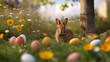 The Easter bunny in a meadow in high grass with lots of brightly colored Easter eggs, in the garden or in nature, sunny day, cute and sweet
