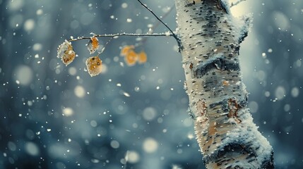 Wall Mural - a tree with snow on it is captured in a close-up image, featuring a few prominent leaves in the fore