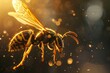 This golden-hued image captures a honeybee mid-flight with outstretched wings surrounded by sparkling particles, emphasizing its role in nature