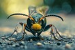 This stunning close-up shot features a wasp, with detailed focus on its striped body and characteristic antennas, evoking a sense of awe and caution