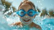 Child in blue goggles enjoys a swimming lesson on a sunny day
