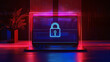 Illustration of laptop cyber security network with lock on screen - red and blue colors - computing concept