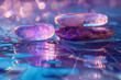 colorful holographic zen stones on reflective water surface
