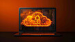 © Murkemur - illustration of laptop with cyber security cloud with lock on screen - orange and black colors - computing concept