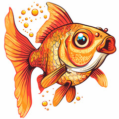 Wall Mural - Goldfish with bubbles isolated on white background. Vector cartoon illustration.