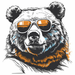 Wall Mural - Vector illustration of a bear in sunglasses. Black and white image.