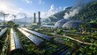 A futuristic green industry eco power plant amidst lush surroundings, exemplifying a commitment to preserving the environment and ensuring low carbon emissions