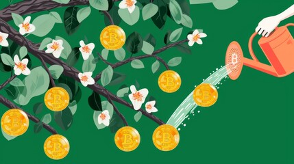 A comical depiction of a gardener watering bitcoins, growing them like plants. Bitcoins grow like gold coins on tree branches green background --no text, titles --ar 16:9 --quality 0.5 --stylize 0 Job