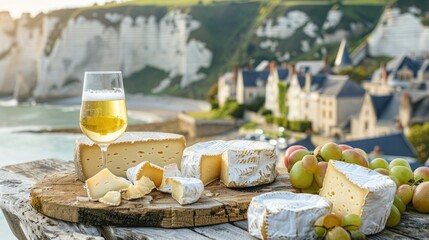 Wall Mural - Cow cheeses of Normandy region - camembert, livarot, neufchatel, pont l'eveque and glass of apple cider drink with houses of Etretat village on background 