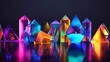 Abstract 3D Geometric Shapes in Neon Colors on a Reflective Black Surface