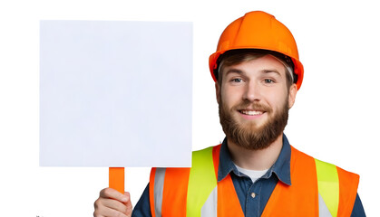 Wall Mural - Labor Man Holding Banner PNG Image , Male construction worker in helmet and orange vest, isolated on white transparent background