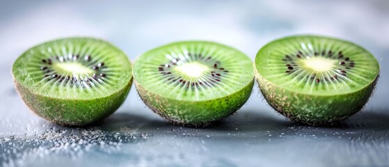   A table displays a group of two kiwis, each sliced in half, with water spilling onto them