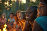 Fototapeta  - Active young kids, teenagers near campfire, summer camp