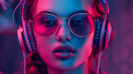 Wall Mural - portret of a beautiful woman with headphones and sunglasses