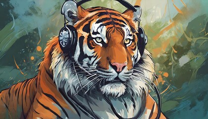 Wall Mural - Generated image of a tiger wearing headset