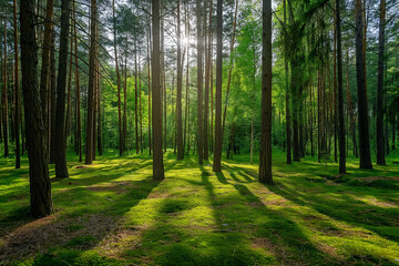 Wall Mural - a beautiful green pine forest for a computer wallpaper, or for the texture of the view outside the window in a visualization