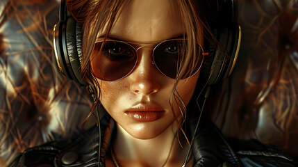 Wall Mural - portret of a beautiful in leather woman with headphones and sunglasses
