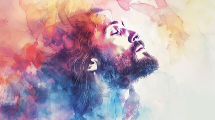 Wall Mural - Abstract watercolor background with Jesus Christ in worship, religious painting