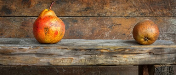 Wall Mural -   A pair of pears resting on a wooden bench beside a piece of fruit atop wood