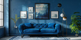 Fototapeta  - Elegant living room interior with blue velvet sofa