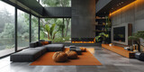 Fototapeta  - Modern living room with large windows and nature view