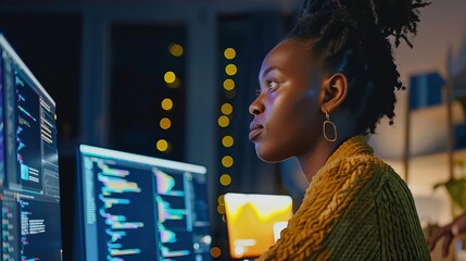 African American female IT developer focused on computer work in dark office, digital technology concept